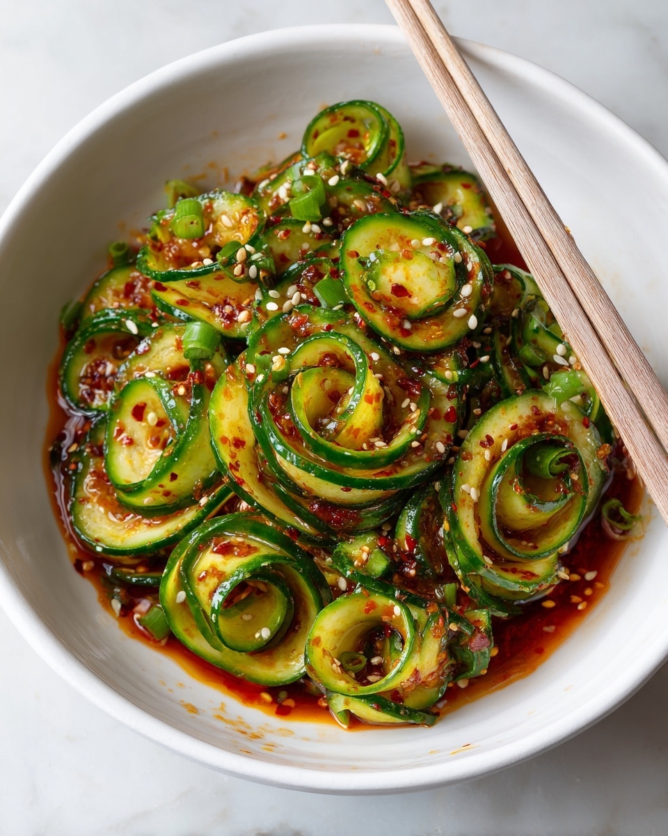 A white bowl on a white marbled texture holds several cucumbers sliced in a spiral style, showing bright green skin and lighter inner flesh. The cucumber spirals are covered in a glossy dark reddish-brown chili oil sauce with visible chili flakes and sesame seeds scattered all over. There are small pieces of green onion mixed in the sauce. A pair of chopsticks with traces of sauce rest on the edge of the bowl. The overall look is fresh, vibrant, and spicy. photo taken with an iphone --ar 4:5 --v 7