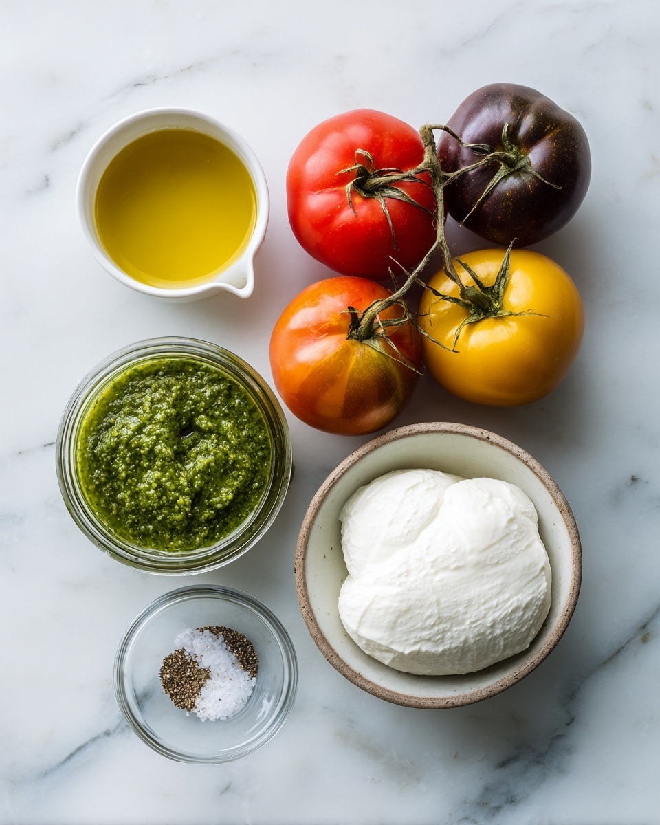 The image shows six main items arranged on a white marbled surface: a small white bowl with golden olive oil at the top center, a small jar filled with green pesto sauce on the left, a cluster of four colorful tomatoes in the middle with red, dark brown, and two yellow tomatoes on the vine, a white bowl containing white burrata cheese on the right, and a clear glass bowl with salt and pepper at the bottom center. The layout is simple and clean, with each item clearly labeled in bold text above or below it. photo taken with an iphone --ar 4:5 --v 7