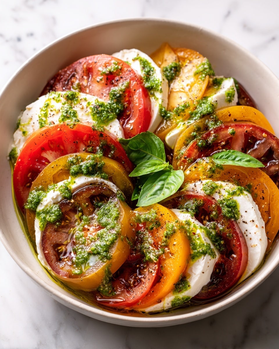 A white bowl filled with three layers of tomato slices in red, orange, and green colors as the bottom layer. On top of the tomatoes, there are dollops of green pesto sauce scattered across. In the center of the bowl, a large, round, smooth white burrata cheese is placed with bits of pesto and a drizzle of olive oil on it. Fresh green basil leaves are placed on and around the tomatoes, adding a fresh touch to the dish. The bowl sits on a white marbled surface. photo taken with an iphone --ar 4:5 --v 7