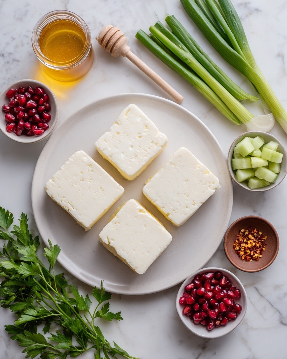 The image shows four rectangular pieces of halloumi cheese on a round white plate with a smooth texture placed in the center. Around the plate, there are various ingredients: a bunch of fresh green spring onions on the top left, a small glass jar of golden honey with a wooden honey dipper below it, a bunch of green parsley leaves on the bottom left, a small white bowl filled with shiny red pomegranate seeds near the top right, another small white bowl also with pomegranate seeds slightly below it, slices and chunks of green cucumber on the far right, and a small brown bowl filled with red and yellow chili flakes near the bottom center. All items are placed on a white marbled surface. photo taken with an iphone --ar 4:5 --v 7
