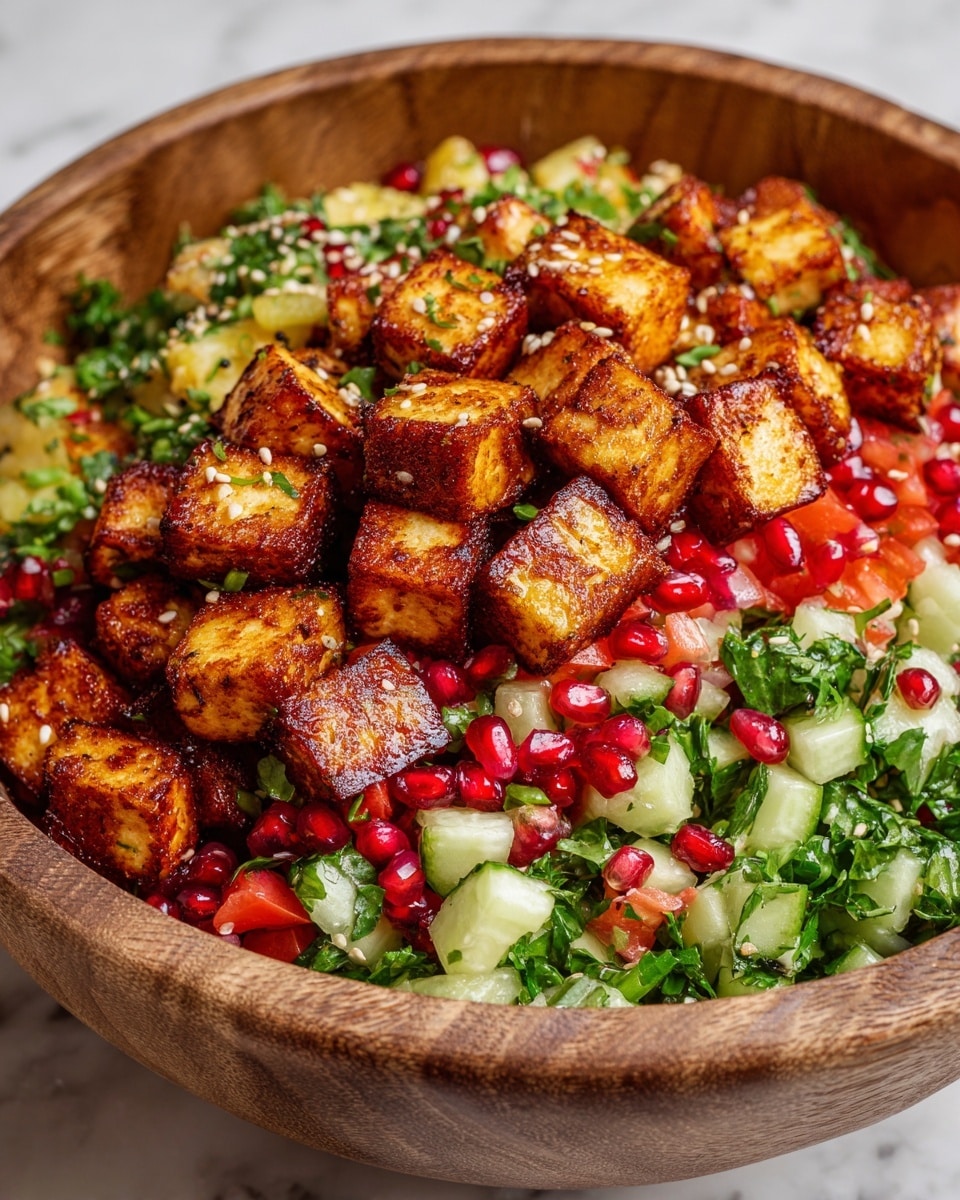 The image shows a close-up of a wooden bowl filled with a colorful salad. The salad has three main layers: the base is chopped green herbs and leafy greens, the middle has diced red tomatoes and light green cucumber pieces, and the top layer is golden-pan-seared cubes of halloumi cheese scattered evenly. There are small red pomegranate seeds and white sesame seeds sprinkled throughout the salad, adding texture and color. The wooden bowl sits on a white marbled surface, and on the left edge, a wooden salad fork is partially visible. The photo taken with an iphone --ar 4:5 --v 7