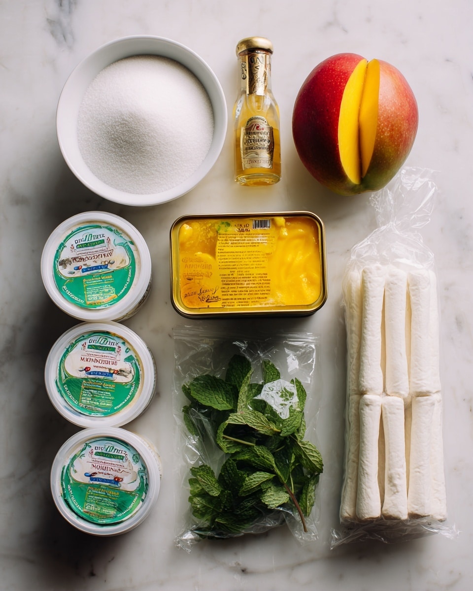 The image shows a collection of ingredients arranged on a white marbled surface. At the top center, there is a white bowl filled with white sugar. To the right of the bowl, there is a whole mango with red and yellow skin. Below the sugar bowl and mango, a tin of bright yellow mango pulp is placed with its label visible. To the left of the tin, there is a white container of heavy cream tilted slightly. Below the heavy cream, two round containers of mascarpone cheese feature green lids and labels. To the right of the mascarpone cheese, a clear plastic bag holds fresh green mint leaves. At the far right, a clear plastic pack of white ladyfingers is laid flat with the package artwork visible. A small bottle of vanilla extract with a golden cap is positioned at the top left near the sugar bowl. photo taken with an iphone --ar 4:5 --v 7