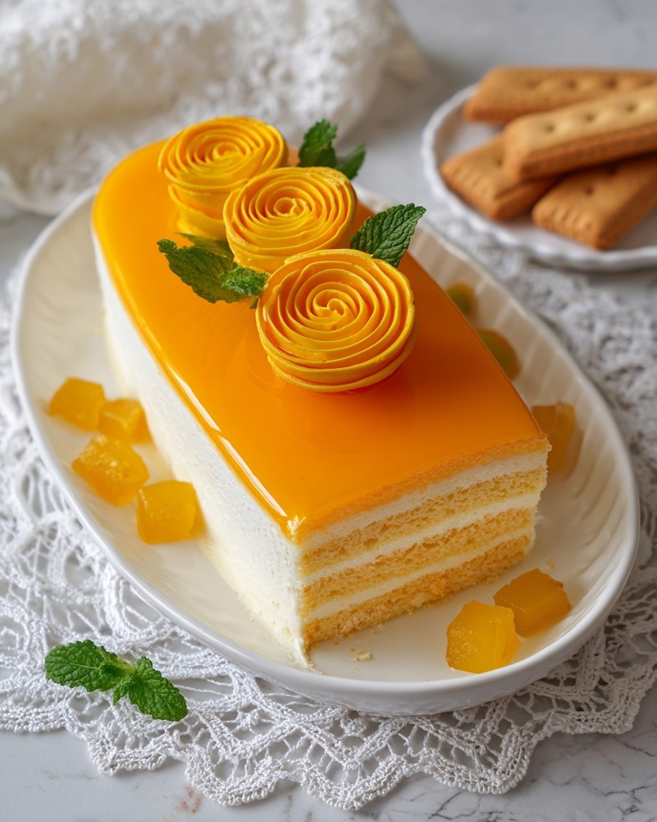 This dish is shown in a white oval plate on a white marbled surface with a white lace cloth underneath. It has three visible layers from the side: a light sponge cake base, a creamy middle layer with a pale yellow tint, and a smooth, bright orange glossy top layer that covers the entire dish. The top is decorated with three spiral-like yellow mango rose shapes, small diced yellow mango pieces, and fresh green mint leaves scattered around the top right edge. Part of the dish is scooped out from the bottom left, showing the layered inner texture. Three ladyfingers with powdered sugar are placed at the top right corner outside the plate. The photo taken with an iphone --ar 4:5 --v 7