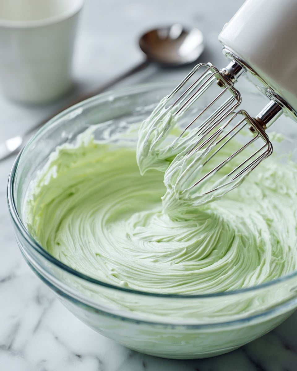 A clear glass bowl holds a thick, smooth mixture of pale green color with a creamy texture. Two metal beaters from a white electric mixer are partially dipped into the mixture, with some of the creamy substance clinging to the beaters. The background features a white marbled surface, and parts of a white cup and a metal measuring spoon are visible but blurred. Photo taken with an iphone --ar 4:5 --v 7