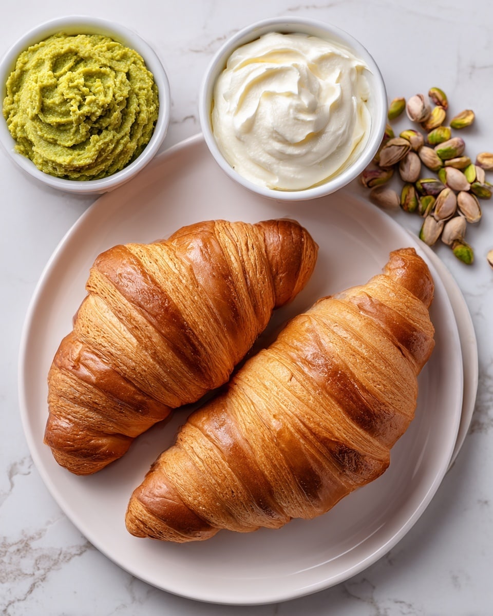 Two golden brown croissants with a shiny, flaky texture sit side by side on a large white plate in the center. Above the plate, there is a white bowl filled with creamy, smooth heavy cream, and next to the bowl is another white bowl holding a chunky green pistachio paste. Scattered loosely to the right of the plate are small green pistachio nuts. All items rest on a white marbled surface. photo taken with an iphone --ar 4:5 --v 7