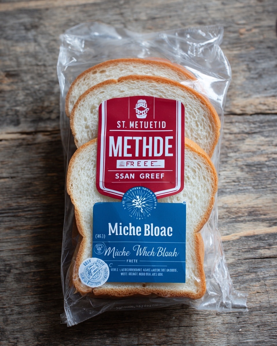 The image shows a clear plastic package containing two white bread slices stacked vertically. The bread has a light brown crust on the edges and soft, white inner texture. The package features a red and white label at the top with the words