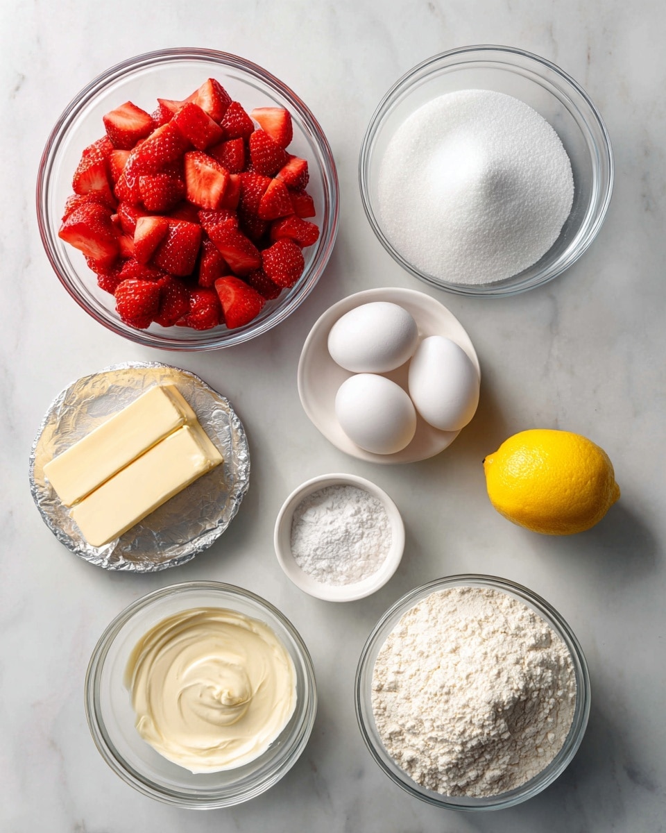The image shows ingredients laid out on a white marbled surface. There is a clear glass bowl filled with bright red chopped strawberries at the top left. Below that, a larger clear glass bowl contains white granulated sugar, and next to it on the right, there are three white eggs placed together. Near the eggs, there are two small white bowls with white powdery substances, likely baking powder and baking soda. Below and to the right of the sugar bowl is a clear glass bowl with light cream or sour cream in it. At the bottom left, two sticks of pale yellow butter are placed on the silver wrapper. Finally, at the bottom center-right, there is a large clear glass bowl filled with white flour, and a whole bright yellow lemon rests to its right. photo taken with an iphone --ar 4:5 --v 7