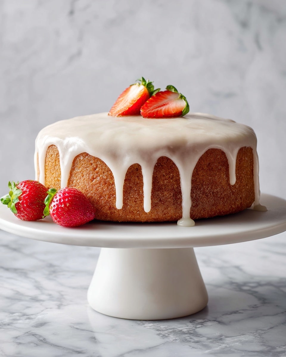 The image shows a single-layer round cake with a brown, slightly textured surface covered by a thick layer of white icing that drips gently down the sides. On top, small pieces of red strawberries with green leaves are placed near the center. Three whole red strawberries with green tops rest beside the cake on the white plate, which sits on a white marbled surface. Photo taken with an iphone --ar 4:5 --v 7