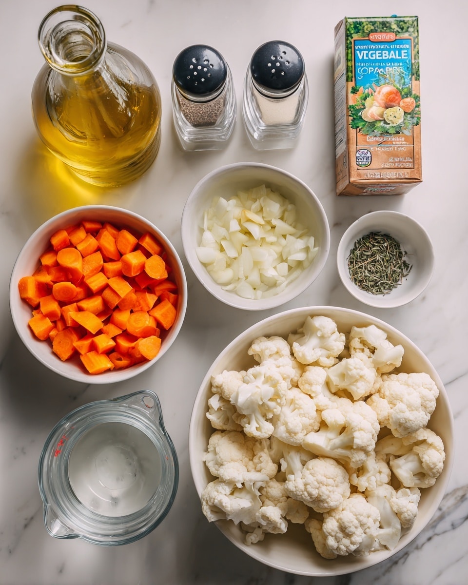 The image shows a collection of cooking ingredients arranged neatly on a white marbled surface. Starting from the top left, there is a glass bottle filled with golden olive oil, followed by a carton of vegetable broth with a green and brown label placed behind two clear glass shakers containing salt and black pepper, each with black tops. Below the olive oil, a small white bowl holds minced garlic. Below the broth carton, a transparent measuring cup contains clear water. Toward the bottom left, a medium white bowl is filled with bright orange diced carrots, next to it a smaller white bowl contains chopped white onions. At the bottom center, a tiny white bowl with dried thyme leaves is placed. Dominating the bottom right, a large white bowl is filled with creamy white cauliflower florets. The items are all clearly separated, showcasing a variety of textures and colors from smooth liquids to chopped vegetables. Photo taken with an iphone --ar 4:5 --v 7