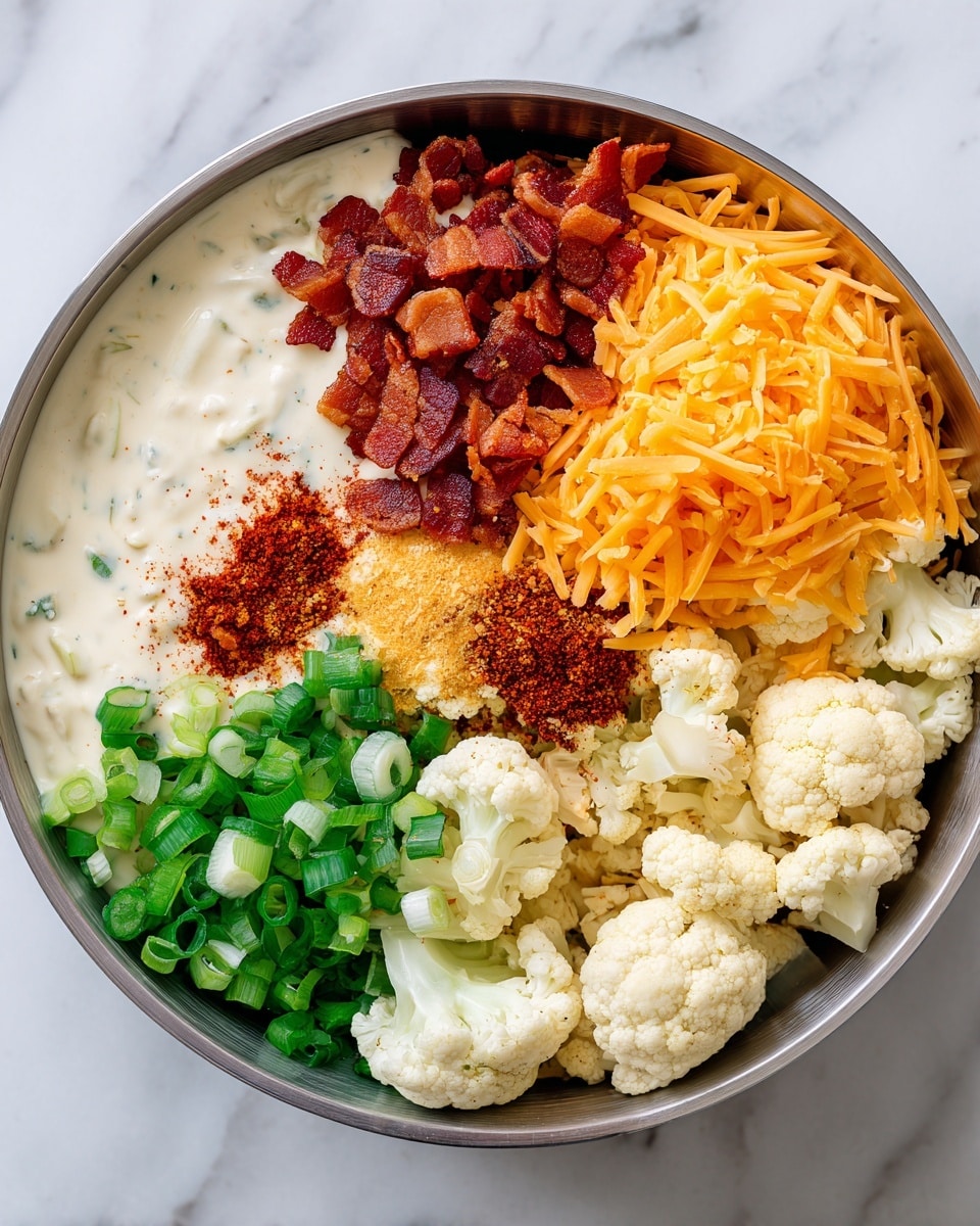 A round metal bowl with six separate sections of ingredients inside, placed on a white marbled surface. The top right section shows a generous pile of shredded orange cheddar cheese. To the left of the cheese is a creamy white sauce with a smooth texture, next to crispy reddish-brown bacon pieces in the top left section. The bottom right part contains lightly browned cauliflower florets. Below the cheese and sauce is a sprinkle of reddish-brown paprika or chili powder near the cauliflower. The bottom left section features a group of chopped green onions with fresh, crisp textures. Photo taken with an iphone --ar 4:5 --v 7