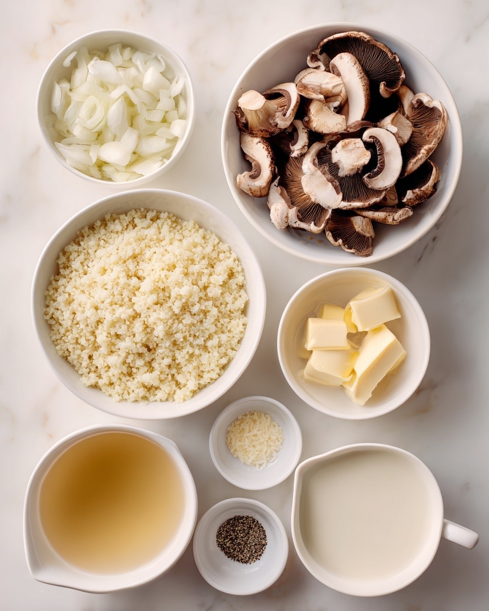 The image shows nine white bowls and dishes on a white marbled surface, each filled with different ingredients. In the center is a large white bowl filled with light yellow cauliflower rice, its texture grainy and fluffy. Above it, slightly to the right, is a medium white bowl filled with sliced portobello mushrooms that are beige with dark brown gills. To the left of the mushrooms, a small white bowl holds finely chopped white onion pieces. Below the mushrooms, on the right side, there is a small white bowl with three dollops of pale yellow unsalted butter. Near the bottom center is another small white bowl filled with finely grated parmesan cheese, light cream in color and fluffy in texture. To the left of it, a tiny white bowl contains light beige garlic powder. Below the cauliflower rice is a wider white bowl filled with light golden unsalted chicken broth that looks clear and smooth. To the left of the broth, a small white bowl holds heavy whipping cream, white and silky. Finally, a very small white dish in the foreground contains a mix of salt and coarse black pepper. All bowls are neatly arranged with clear labels. Photo taken with an iphone --ar 4:5 --v 7