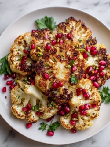 Easy Oven Roasted Cauliflower Steaks with Pistachios, Pomegranate, and Parsley Recipe