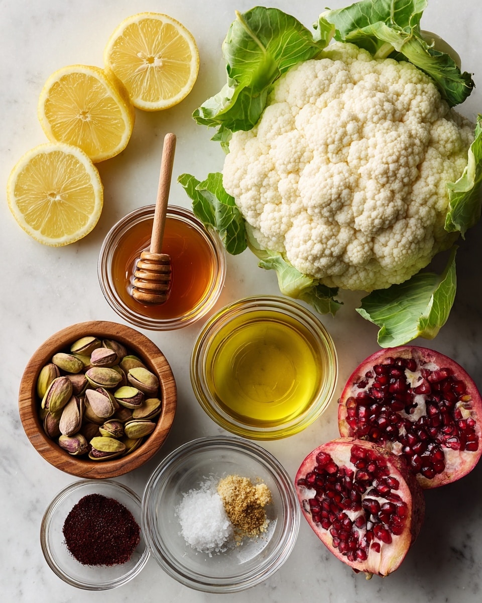 The image shows a fresh cauliflower on the top right with green leaves around its white florets, placed on a white marbled surface. To the top left, four lemon wedges with bright yellow color are arranged. Below the lemon is a small jar of golden honey with a wooden honey dipper resting beside it. At the bottom left, a wooden bowl contains a pile of brown and green pistachios. Next to the pistachios on the bottom right is a halved pomegranate showing deep red, juicy seeds. In the middle bottom, small clear glass bowls hold dark red smoked paprika powder, minced pale yellow garlic, and white salt crystals. A small glass container of golden-yellow oil is also placed near the bowls. photo taken with an iphone --ar 4:5 --v 7