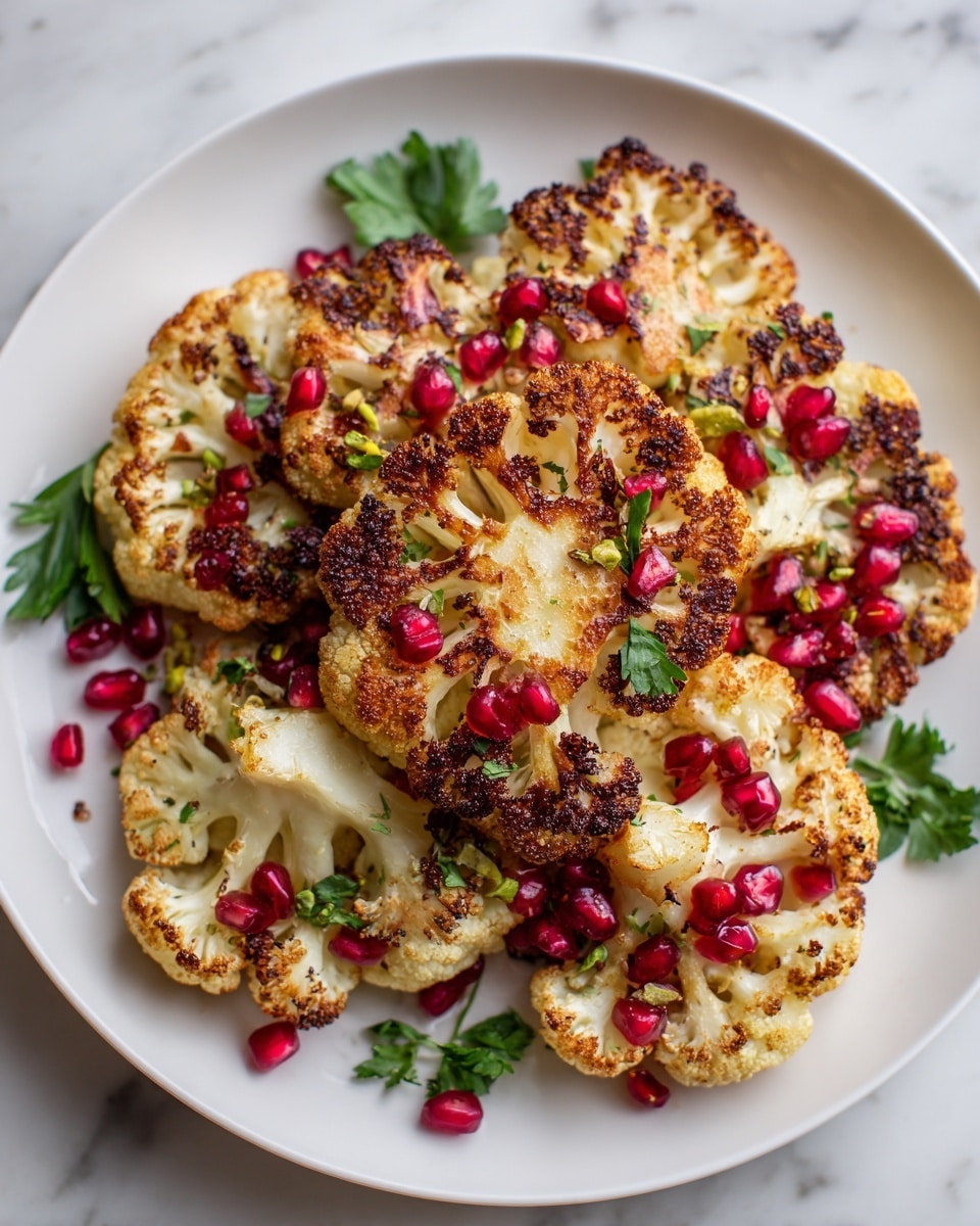 A white plate holds several golden-brown roasted cauliflower slices arranged in a loose layer. The cauliflower has a slightly charred texture with a mix of light and dark brown edges. On top, there are scattered bright red pomegranate seeds and small pieces of green pistachios adding pops of color and texture. Fresh green parsley leaves are placed as garnish around the cauliflower, all set against a white marbled surface. photo taken with an iphone --ar 4:5 --v 7