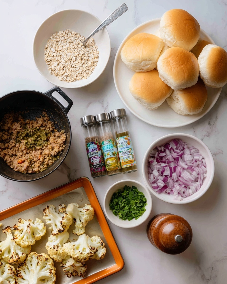 The image shows a cooking setup on a white marbled surface with several ingredients arranged neatly. At the top right, there is a white plate stacked with soft, light brown sandwich buns. To the left, a white bowl holds raw rolled oats, displaying a slightly beige and grainy texture. Below the plate, golden roasted cauliflower pieces with light brown spots rest on a baking sheet with an orange edge. In the bottom left-corner, a black pot contains a crumbly, light tan mixture resembling cooked ground meat or textured vegetable protein. Above the pot, fresh green herbs are placed beside three clear spice bottles with colorful labels showing salt, garlic, and onion powders. A wooden pepper grinder is near the buns, and a small white bowl filled with chopped purple onions is near the center of the surface. Part of a silver mixing bowl with a colorful salad peeks in from the top left corner. Photo taken with an iphone --ar 4:5 --v 7