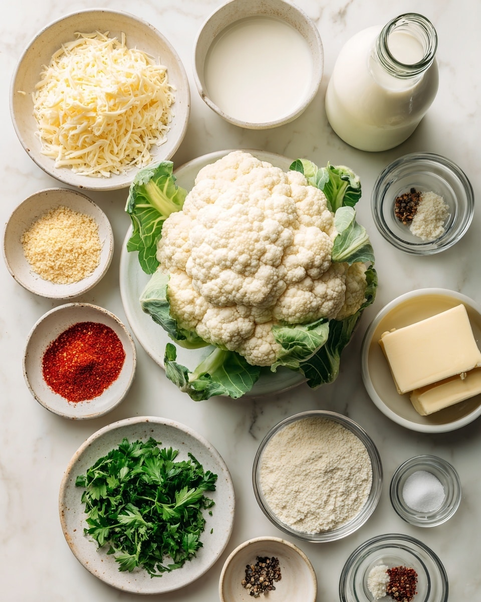 A fresh cauliflower with green leaves is placed in the center on a white marbled surface, surrounded by small white bowls and a white plate holding various ingredients; on the left, a bowl filled with shredded cheese and above it a bowl with butter, to the right, a small bowl of red paprika powder, a bunch of chopped green parsley in a bowl below it, and a bowl with light yellow breadcrumbs; near the bottom right, a bowl holding white flour, and small clear bowls with black pepper and salt; a large glass bottle of milk and a bowl with butter are at the top right, all arranged neatly with clear labels on each ingredient, photo taken with an iphone --ar 4:5 --v 7