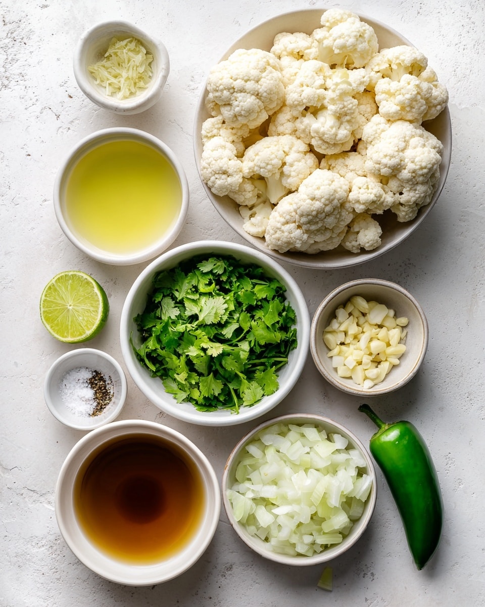 The image shows raw cooking ingredients arranged on a white marbled surface, each in a small white bowl or placed directly on the surface. At the top right, a white bowl is filled with large, off-white cauliflower florets with a rough texture. Below it, a white bowl holds bright green, chopped cilantro leaves, with a fresh and leafy texture. To the left, there is a small white bowl containing a light golden liquid labeled as avocado oil. Below it, another small white bowl contains finely minced garlic, pale yellow and moist-looking. Next to these, a medium white bowl is filled with diced white onion, showing glossy, soft cubes. Slightly below is a small white bowl with a dark amber liquid labeled chicken broth. Finally, at the bottom left, a tiny white bowl contains coarse white salt and ground black pepper. On the white marbled surface to the right are a whole lime, bright green and shiny, and a single dark green jalapeño with a glossy, smooth skin. The scene is neatly arranged, with clear labels identifying each ingredient. Photo taken with an iphone --ar 4:5 --v 7