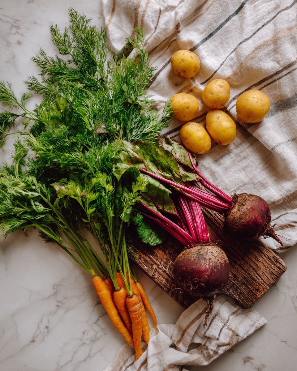 The image shows a bunch of fresh vegetables placed on a white marbled surface, with a rustic wooden board underneath part of them. There are three round beetroots with dark pink and purple stems and green leaves, positioned on the wooden board on the right side. To the left, a cluster of small yellow potatoes rests partly on a striped cloth. Above the potatoes, bright orange carrot tops and fresh green dill leaves fan out, creating a mix of green textures that add depth to the scene. The vegetables are laid out naturally, with no layers, highlighting their raw and earthy look. Photo taken with an iphone --ar 4:5 --v 7