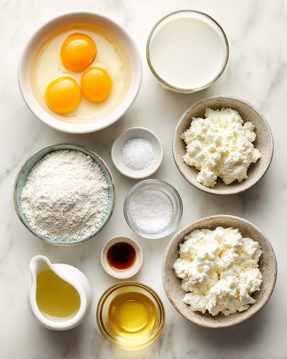 The image shows a top-down view of nine small bowls and cups neatly arranged on a white marbled surface, each holding different ingredients. In the top left, a white bowl contains three raw egg yolks sitting in transparent egg whites, bright orange in color. To the right, there is a glass cup filled with white milk, and next to it, a bowl with thick, creamy white ricotta cheese. Below those, on the right side, is a bowl filled with slightly grainy white cottage cheese. Near the center, a rustic bowl holds a pile of white flour with a smooth, powdery texture. Below it, a clear glass cup contains water. On the lower left, two small glass bowls hold white salt and sugar crystals. Next to these, a white small pitcher has light yellow olive oil, and the last small white bowl at the bottom left contains a small amount of amber-colored vanilla extract. The ingredients are brightly lit and clearly visible. Photo taken with an iphone --ar 4:5 --v 7