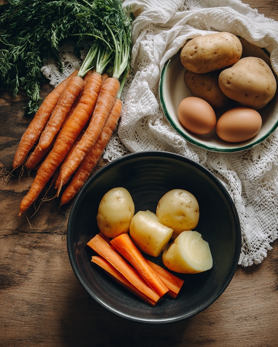 A black bowl sits on a wooden surface holding two peeled yellow potatoes and four carrot pieces, both peeled and cut to different lengths with bright orange color and smooth texture. Above, a white lace cloth holds four unpeeled light brown potatoes, orange carrots with green tops, and a white bowl with a green rim filled with three brown eggs. The scene has a rustic, natural look with the mix of fresh and cooked vegetables and eggs. photo taken with an iphone --ar 4:5 --v 7
