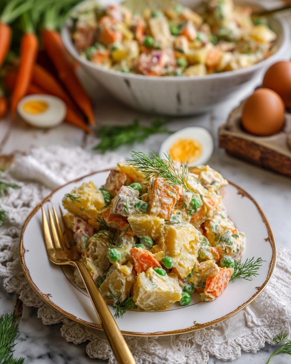 A white plate holds a colorful salad made of chopped boiled eggs, bright orange carrot pieces, green peas, and fresh dill on top. The salad is creamy and chunky in texture. A gold fork leans on the plate's edge. Behind it, a white bowl filled with more of the same salad sits on a wooden surface with some green carrot tops in the background and a small bowl of brown eggs. A white lace cloth and natural burlap cloth lie nearby, all placed on a white marbled texture surface. photo taken with an iphone --ar 4:5 --v 7