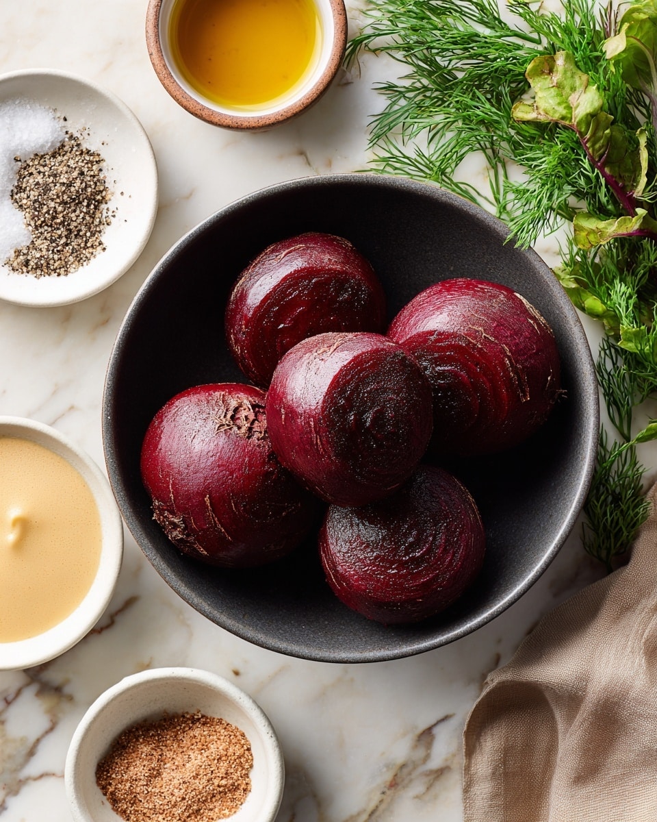 A dark grey bowl filled with six round, deep reddish-brown roasted beets with a slightly shiny, smooth texture sits on a white marbled surface. Around the bowl, there are four small white dishes: one with a creamy beige sauce, one with a coarse grainy mix of salt and black pepper, one with a small amount of brown whole grain mustard, and one with a light amber liquid, possibly oil or vinegar. Green leafy herbs and dill sprigs are scattered near the dishes. Photo taken with an iphone --ar 4:5 --v 7