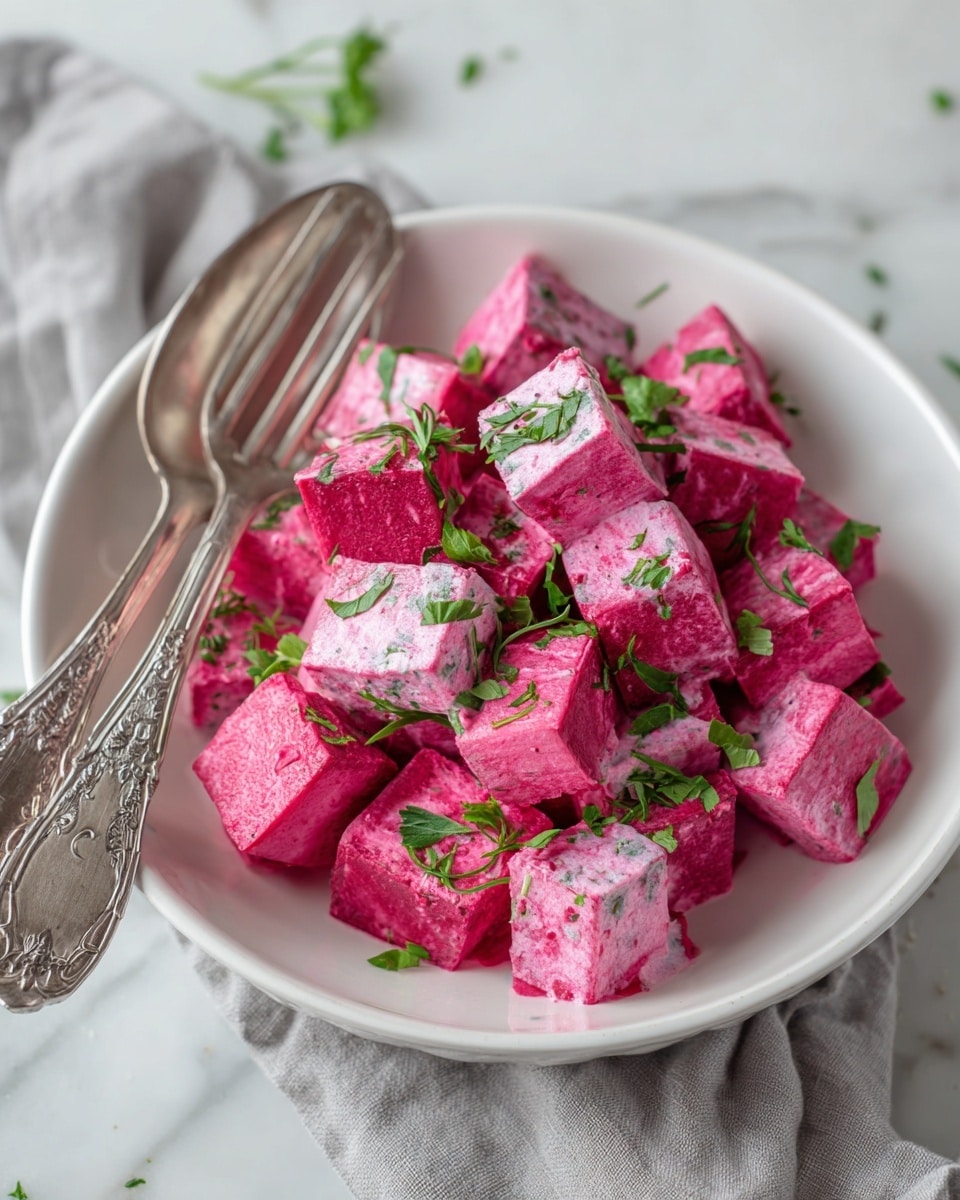 A white plate filled with a pink salad made of small, soft cubes mixed with creamy dressing, topped with fresh green herbs that add texture and color contrast; the plate sits on a white marbled surface, with a bunch of green herbs slightly out of focus in the background and a silver fork and knife placed nearby, and a grey cloth napkin gently folded behind the plate. photo taken with an iphone --ar 4:5 --v 7