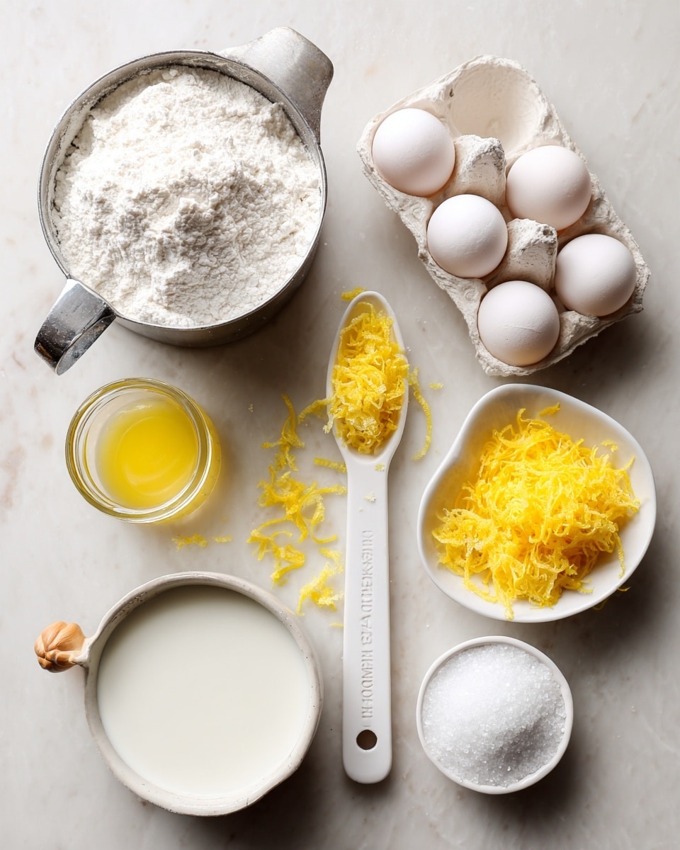 A top view of baking ingredients placed on a white marbled surface, including a metal measuring cup filled with white flour, a small white bowl with milk, a small glass jar with melted butter, a heart-shaped white dish holding bright yellow lemon zest, a white ceramic measuring spoon with a wooden handle containing salt, a couple of whole white eggs resting in a white egg carton, and a small white bowl filled with white sugar, all arranged with soft natural light. photo taken with an iphone --ar 4:5 --v 7
