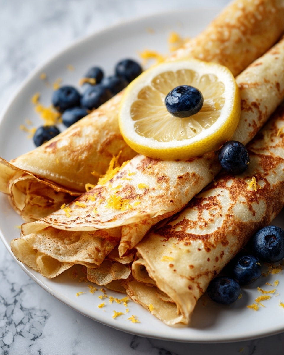 The image shows three rolled light brown crepes placed side by side on a white plate, partially overlapping each other. The crepes have a slightly rough texture with small air bubbles and are sprinkled with small bits of orange zest on top. Around the crepes, there are many fresh, dark blue blueberries and thin pale yellow lemon slices arranged evenly. On the top crepe, there is a lemon slice with a single blueberry placed in the center. The plate rests on a white marbled surface. Photo taken with an iphone --ar 4:5 --v 7