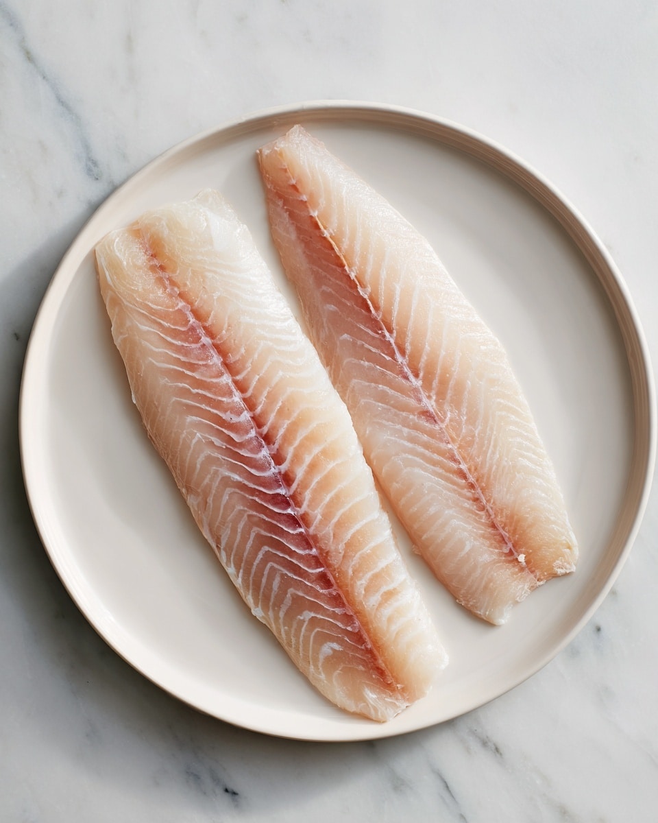 Two long, pale beige fish fillets lie side by side on a simple white plate. Each fillet has a soft, slightly translucent texture with faint lines running lengthwise, showing subtle pinkish and light brown hues near the top edges. The plate rests on a white marbled surface, giving a clean and fresh look to the image. Photo taken with an iphone --ar 4:5 --v 7