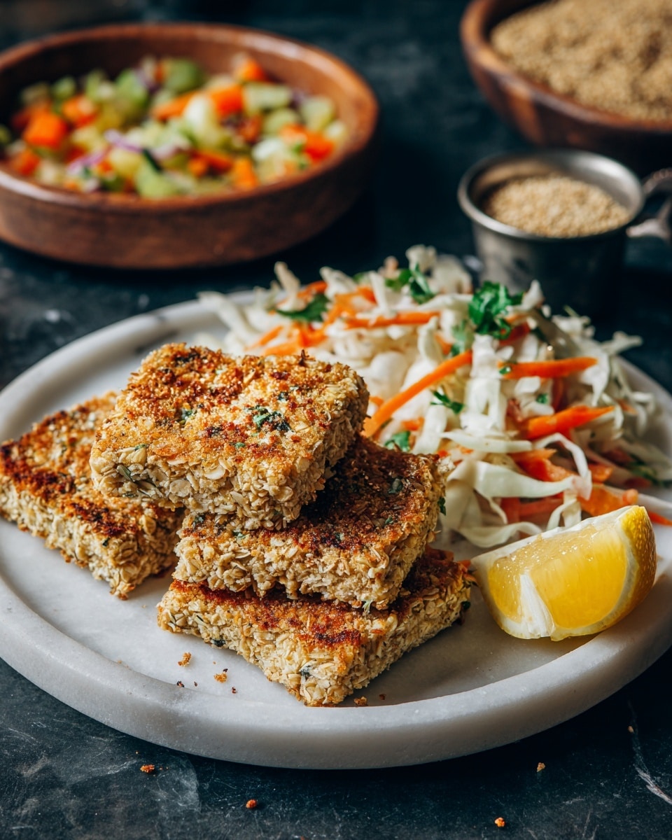 The image shows a white plate on a white marbled surface with two large oat-covered pieces of baked food, which are light brown with visible oats and raisins on top. To the right of these pieces is a colorful mix of cooked vegetables, primarily light green cabbage and sliced orange carrots with hints of fresh green herbs scattered throughout. A lemon wedge is placed between the baked pieces and the vegetables, adding a bright yellow color accent. In the blurred background, there is a white bowl filled with more of the vegetable mix and a metal measuring cup containing some dry oat mixture. Photo taken with an iphone --ar 4:5 --v 7
