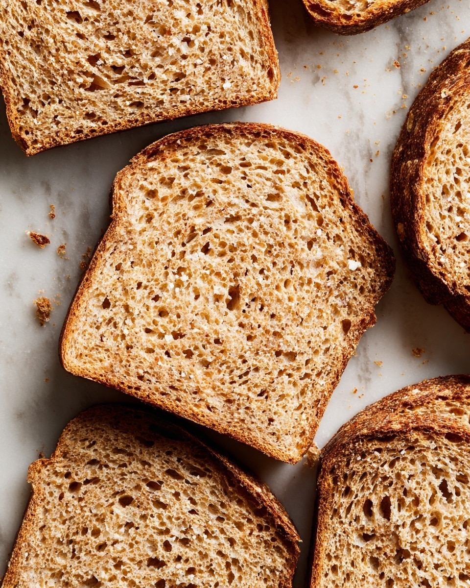 The image shows several thick slices of brown bread with a rough texture and visible small holes evenly spread throughout. The bread slices are arranged closely together on a white marbled surface, showing a crunchy and slightly uneven crust around the edges. The color of the crust is darker brown, while the inside of each slice is a lighter tan with a porous texture. Some crumbs are visible on the surface near the slices, adding to the rustic look. photo taken with an iphone --ar 4:5 --v 7