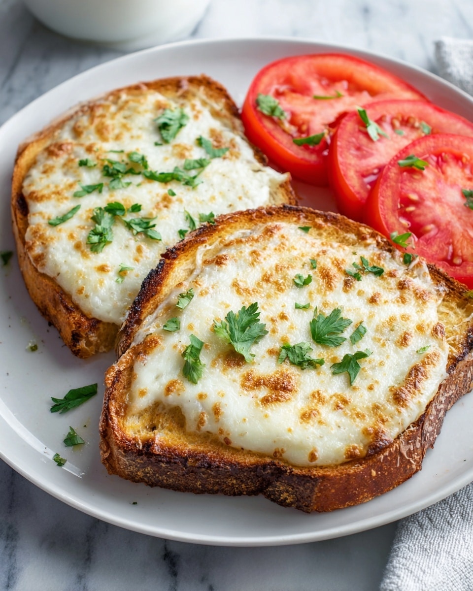 The image shows a white plate with two pieces of toasted bread topped with melted cheese, which looks creamy and slightly browned around the edges. The toast is positioned side by side on the lower part of the plate. On the upper part of the plate, three bright red tomato slices are arranged in a row, each topped with a small amount of chopped green herbs that add a fresh touch. The plate is placed on a white marbled surface. photo taken with an iphone --ar 4:5 --v 7