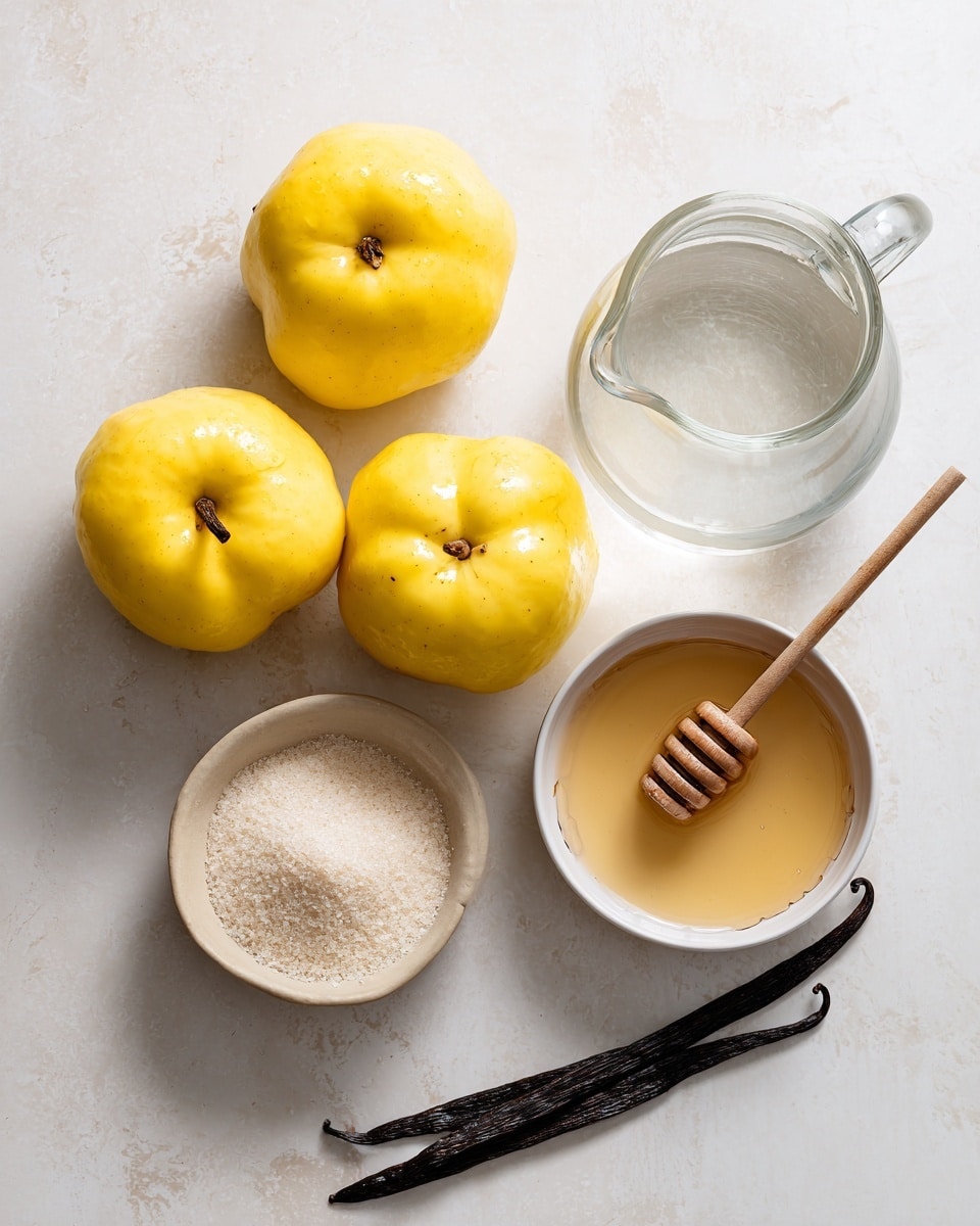 The image shows a white marbled surface with three large, bright yellow quinces placed near the top and bottom parts. In the center right, there is a white bowl containing light golden honey with a wooden honey dipper resting inside. Below the bowl, a clear glass jug filled with water sits on the right side of the frame. On the left side, a small beige bowl holds granulated white sugar, and below it lies a long, thin dark vanilla bean pod. The arrangement is simple and clean with soft, natural light shining from the top left. Photo taken with an iphone --ar 4:5 --v 7