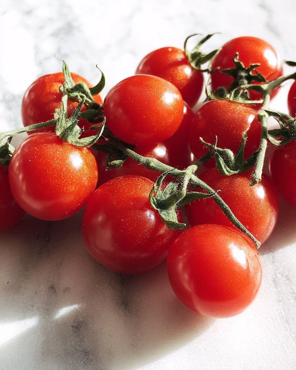 The image shows a close-up of about twelve small, shiny, red tomatoes with green stems attached. They have a smooth, bright surface with a slightly elongated round shape, scattered closely together on a white marbled surface. The lighting highlights their glossy texture, making them look fresh and ripe. photo taken with an iphone --ar 4:5 --v 7