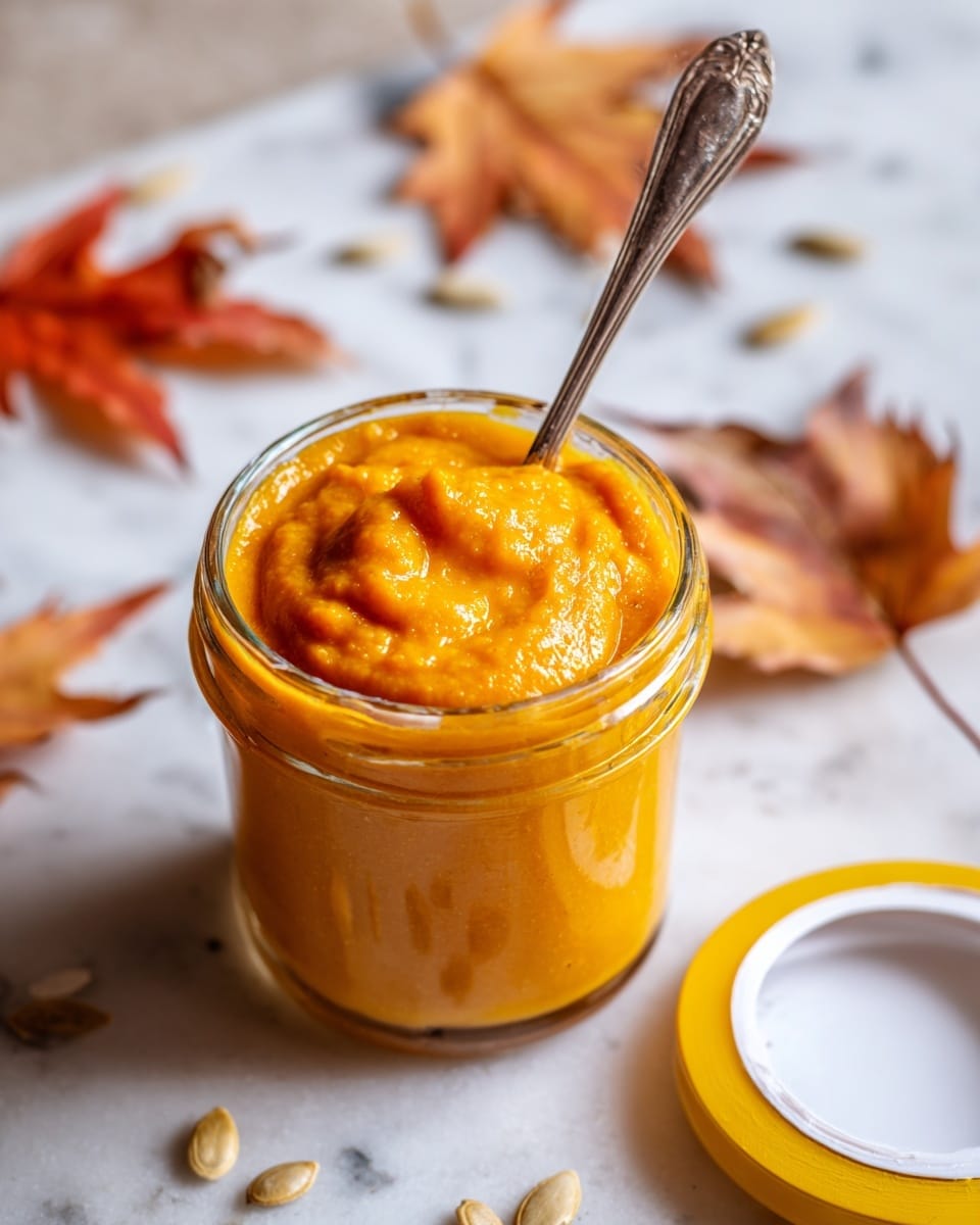 A small clear glass jar filled almost to the top with bright orange thick mash, with soft, slightly uneven texture. A metal spoon is dipped into the mash at the center, standing upright. Around the jar, there are dry orange leaves and scattered pumpkin seeds on a white marbled surface. The jar has a clear plastic lid with yellow trim placed beside it. The scene is close-up and well-lit, showing the rich orange color and soft texture of the mash clearly. Photo taken with an iphone --ar 4:5 --v 7