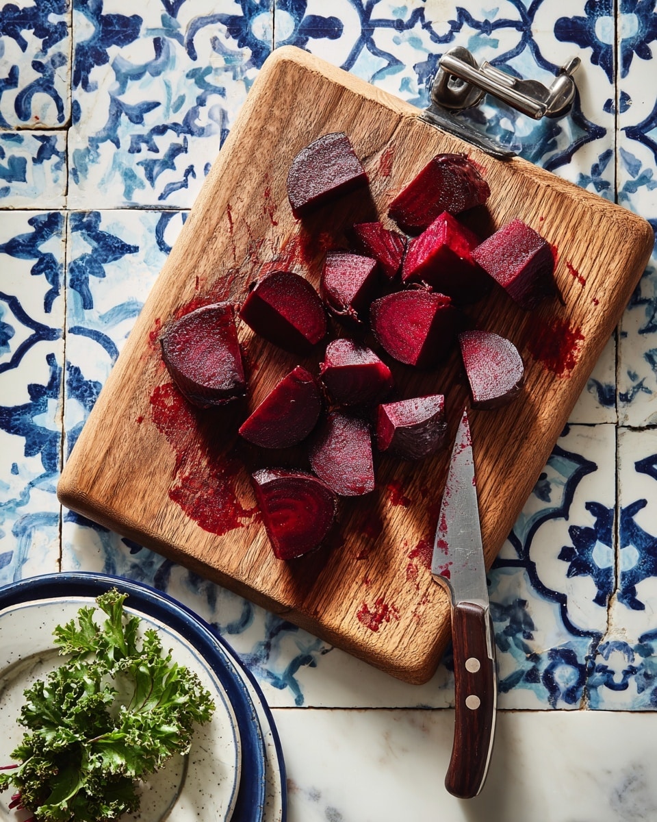 A wooden cutting board with a smooth grain and metal handles holds dark red beet pieces being sliced by a knife from the right side. The board rests on a white marbled surface patterned with blue and white tiles. In the bottom left corner, a white plate with a dark blue rim contains two beet pieces, and some curly green herbs are seen on the edge of the image. Photo taken with an iphone --ar 4:5 --v 7