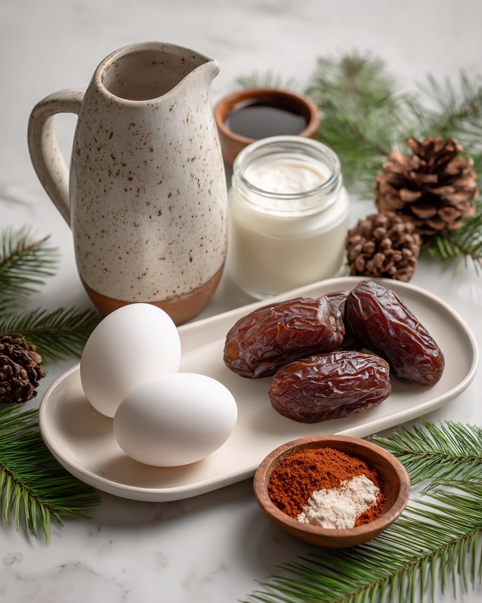 A white oval plate holds two smooth, white eggs on the right side and four dark brown, wrinkled dates on the left side. Behind the plate, there is a small glass jar filled with white cream and a round small wooden bowl with a dark liquid inside. To the left of these, sits a tall ceramic jug with a handle and speckled texture. In the foreground, another small wooden bowl contains a reddish-brown powder with some white bits mixed in. The entire scene is set on a white marbled surface with green pine leaves and pine cones scattered around the top and right edges. Photo taken with an iphone --ar 4:5 --v 7