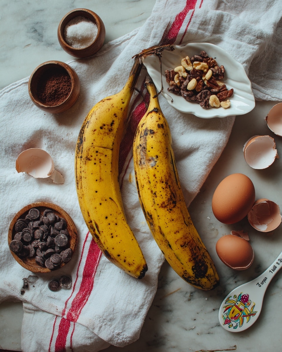 The image shows two ripe yellow plantains with dark spots lying on a rustic wooden table. To the right of the plantains are two brown eggs and several cracked eggshells scattered around. On the left side, a white cloth with red stripes drapes across the table, holding a small white leaf-shaped dish filled with chopped nuts and another similar dish below it containing dark chocolate chips. Some chopped nuts are scattered around the table, along with two small wooden containers on the upper left corner, one of which has a measuring spoon labeled