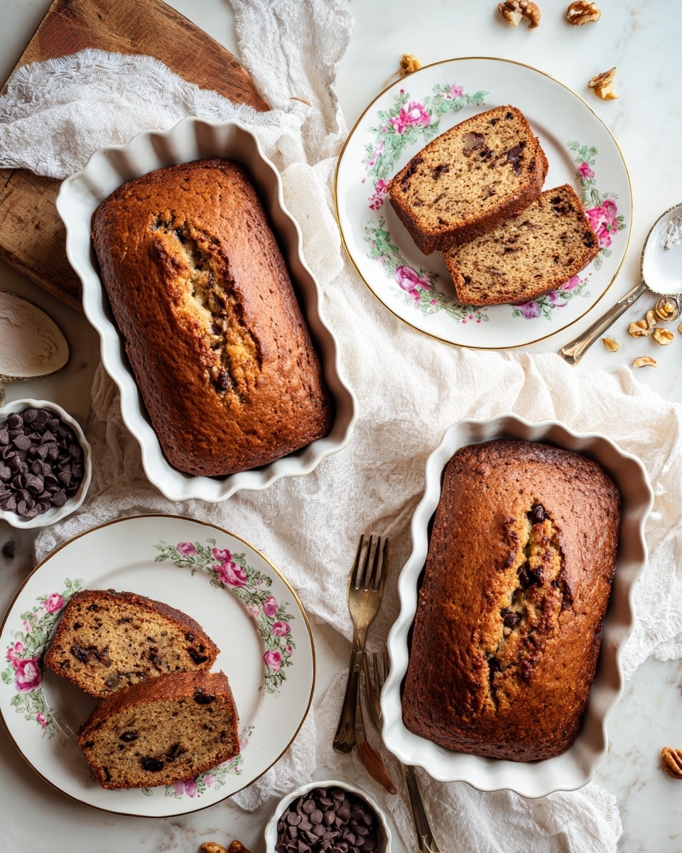 Two rectangular baked banana breads with a golden brown crust rest side by side on a wooden surface with a white cloth draped around them. The breads have a rough texture with dark spots, likely from chocolate chips or nuts. Surrounding them are three vintage white plates with intricate purple and gold floral patterns. Each plate holds slices of the banana bread: one plate has three thicker slices, another holds two thinner strips, and the last plate has two cut pieces with a fork resting beside them. Scattered near the breads and plates are chopped nuts and dark chocolate chips placed in small white bowls. Colorful measuring spoons lie near the bottom left corner. The entire arrangement is set on a white marbled surface. photo taken with an iphone --ar 4:5 --v 7