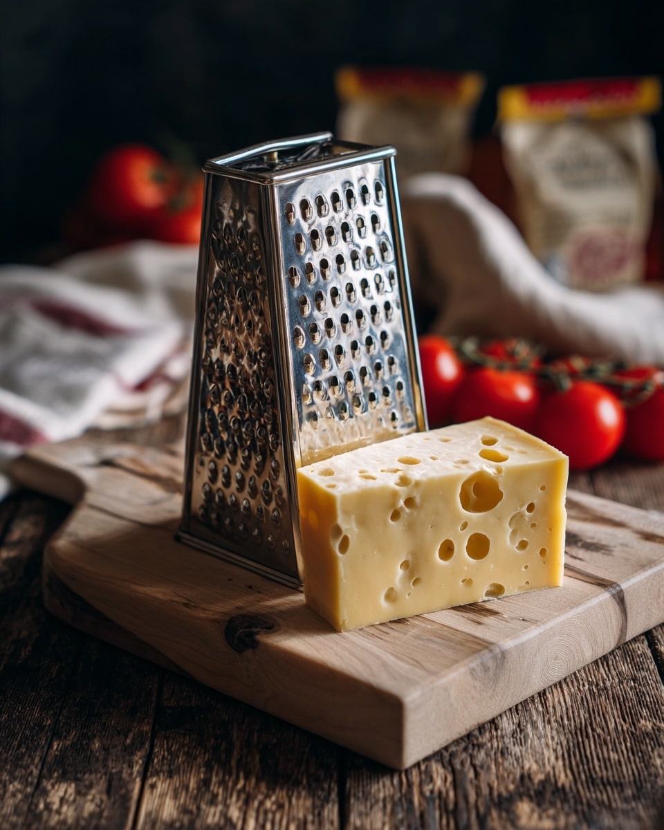 A silver box cheese grater stands upright on a light wood cutting board with visible grain and knots, positioned slightly to the right. In front of the grater, there is a thick wedge of pale yellow Swiss cheese with round holes, resting on the cutting board. The background is softly blurred and includes red tomatoes, a white cloth, and some food packages, all set against a dark backdrop. The surface beneath the cutting board has a rustic wooden texture. photo taken with an iphone --ar 4:5 --v 7