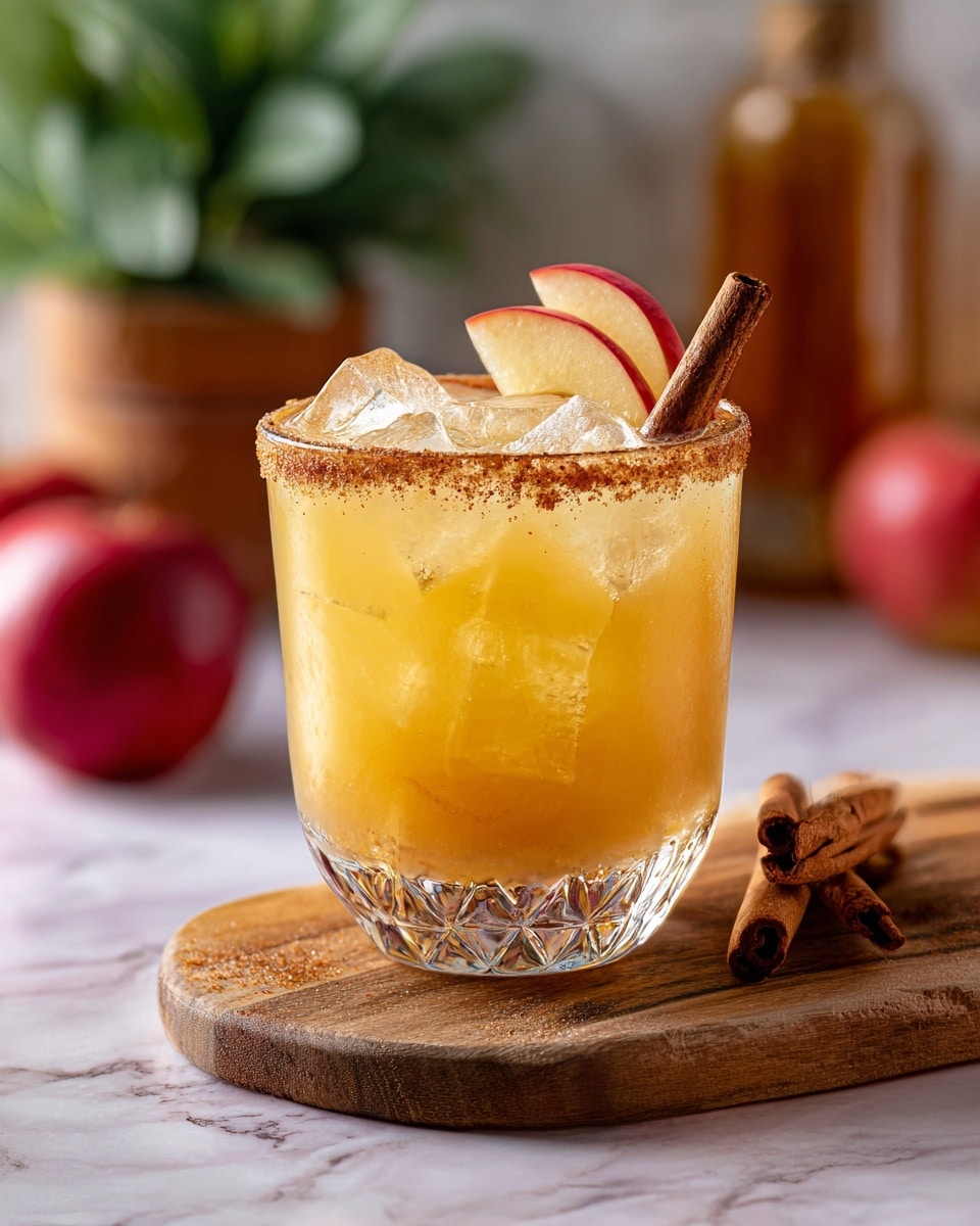 A clear glass with a curved shape holds a yellow drink filled with large ice cubes. Inside the glass, there are two apple slices pressed against the sides, showing red skin and pale flesh. The rim of the glass is coated with a rough layer of cinnamon sugar, topped with a rolled cinnamon stick resting horizontally. The glass sits on a light wooden board. Around it, there are fresh red apples and cinnamon sticks. In the background, a green plant in a white pot and some bottles with blurred labels are visible against a white marbled surface. Photo taken with an iphone --ar 4:5 --v 7
