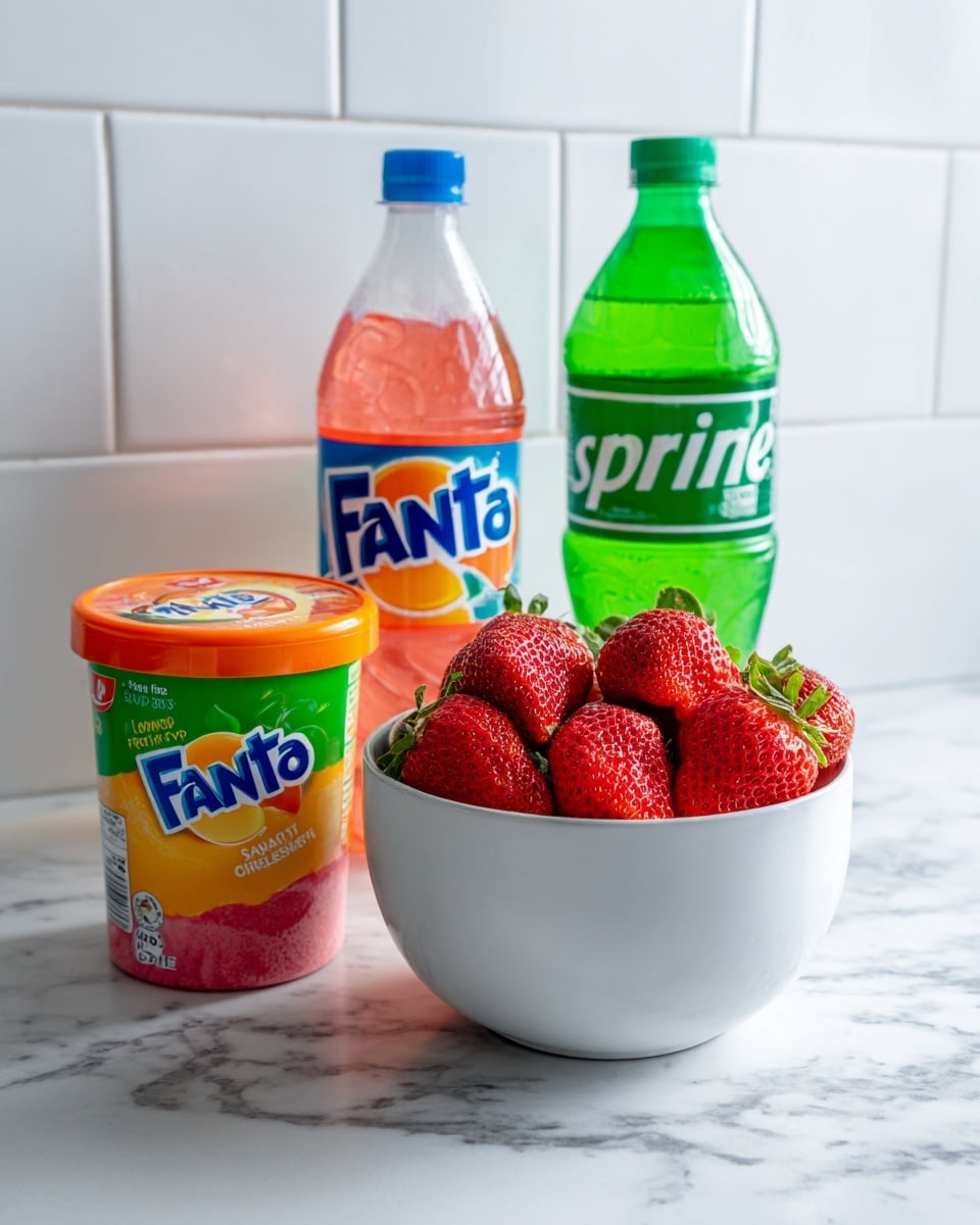 The image shows three main items placed on a white marbled surface: a white bowl with red strawberries on the right front side, a pinkish-red bottle of Fanta strawberry soda with a blue cap positioned behind the bowl on the left side, and a clear bottle of Sprite lemon-lime soda with a green cap next to the Fanta bottle on the right. In front of both bottles, there is a colorful container of Great Value Fat Free Rainbow Sherbet, showing bright layers of lime green, orange, and raspberry colors on the packaging. The background features a white tiled wall. The scene is bright and clean, arranged in a simple, balanced way. photo taken with an iphone --ar 4:5 --v 7