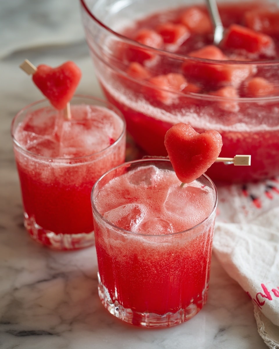 The image shows two clear cups filled with bright red punch, each topped with a foamy light pink layer near the top. Each cup is garnished with a strawberry cut into a heart shape and skewered on a light wooden stick, placed horizontally across the rim. In the background, there is a large clear bowl filled with the same red punch and light pink foam, with pieces of fruit floating inside. A white cloth with red lettering is placed beside the bowl on a white marbled surface. The photo taken with an iphone --ar 4:5 --v 7