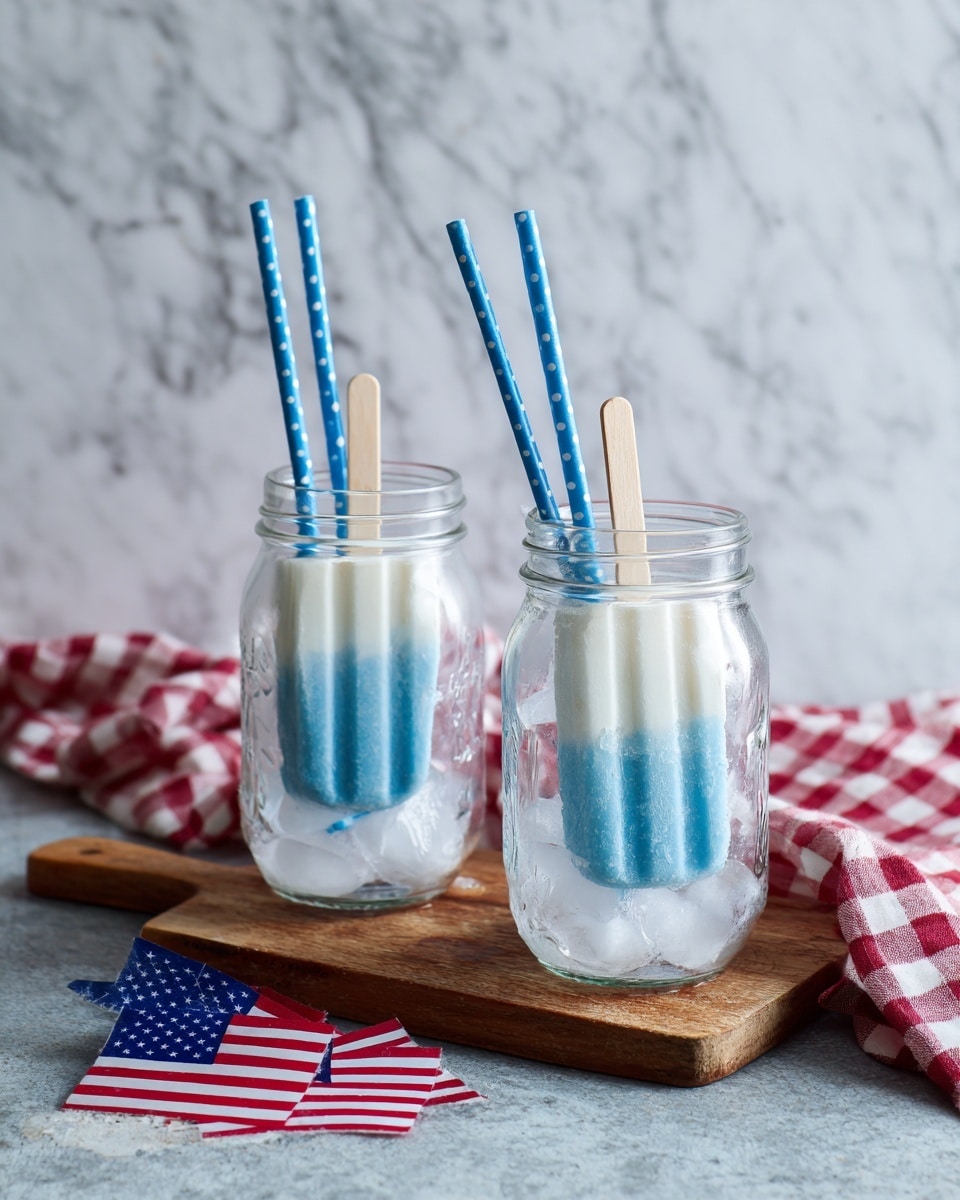 Two clear glass jars filled with ice and water sit on a wooden board over a white marbled surface. Each jar holds a blue and white polka dot paper straw and a small blue popsicle with a wooden stick, partially melted in the ice. One jar also has a hint of red from a popsicle inside. A red and white checkered cloth is draped behind the jars, and two small American flags with red, white, and blue stars and stripes lay in front of the board. Photo taken with an iphone --ar 4:5 --v 7