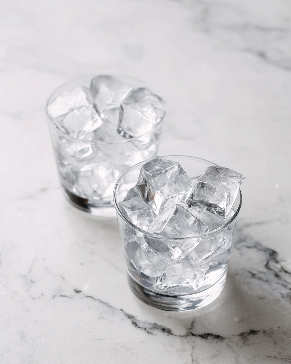 Two clear glass cups filled with irregular-shaped ice cubes rest on a white marbled surface. The cups are simple and transparent, showing the shiny, cold ice inside. One cup is closer to the foreground while the other is placed slightly back and to the left. The marbled surface has soft grey and black veins running through the white, giving a smooth and clean look. photo taken with an iphone --ar 4:5 --v 7