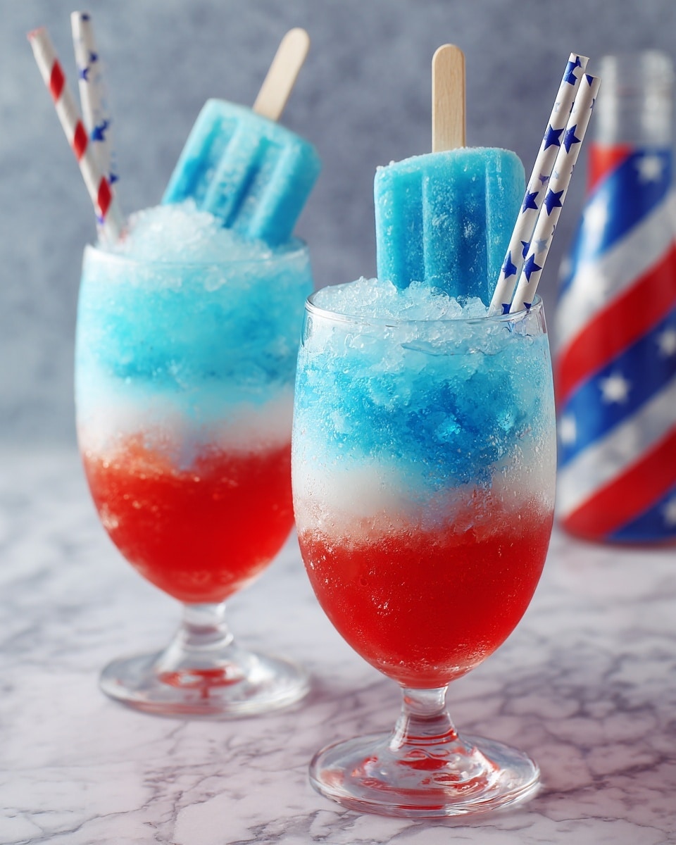 Two clear glasses on a white marbled surface each hold a layered drink with crushed ice. The bottom layer is bright red, the middle layer is deep blue, and the top layer is light blue mixed with crushed ice. A blue and white popsicle with a wooden stick is placed inside each glass, and each popsicle has a paper straw with a star pattern next to it. In the background, there is a partially visible bottle with red, white, and blue colors. photo taken with an iphone --ar 4:5 --v 7