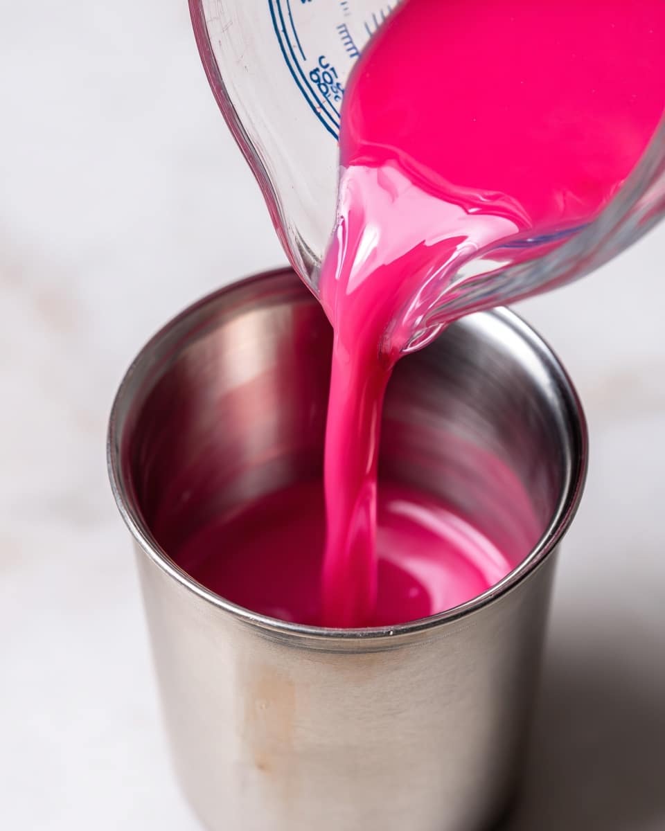 A close-up image shows bright pink liquid being poured from a clear measuring cup into a shiny metal cup below. The liquid creates a smooth, flowing stream with a glossy texture. The measuring cup is tilted from the top right corner, and its markings are visible. The metal cup has a reflective surface, capturing faint reflections around it. The background is a clean white marbled texture. photo taken with an iphone --ar 4:5 --v 7