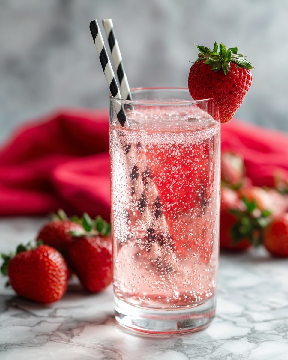A clear glass goblet holds a bright pink fizzy drink filled about three-quarters full, with small bubbles rising inside. A black and white striped straw is inside the drink, leaning to the right, with a ripe red strawberry pierced onto the rim of the glass next to the straw. The background shows a soft textured red cloth and a few more strawberries out of focus on a white marbled surface. The lighting is bright and soft, highlighting the freshness of the strawberry and the sparkle of the bubbles. Photo taken with an iphone --ar 4:5 --v 7