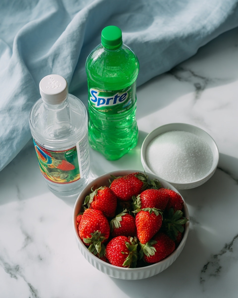 The image shows four main items set on a white marbled surface: a clear bottle of white rum with a white cap and colorful label, a green plastic bottle of Sprite with a green cap, a white bowl filled with bright red strawberries with green leaves, and another white bowl filled with fine white sugar. A light blue cloth is softly draped in the background, and the scene is lit with soft, natural light. The arrangement is simple and clean, emphasizing the fresh strawberries and the bright green of the Sprite bottle, all placed closely together. photo taken with an iphone --ar 4:5 --v 7